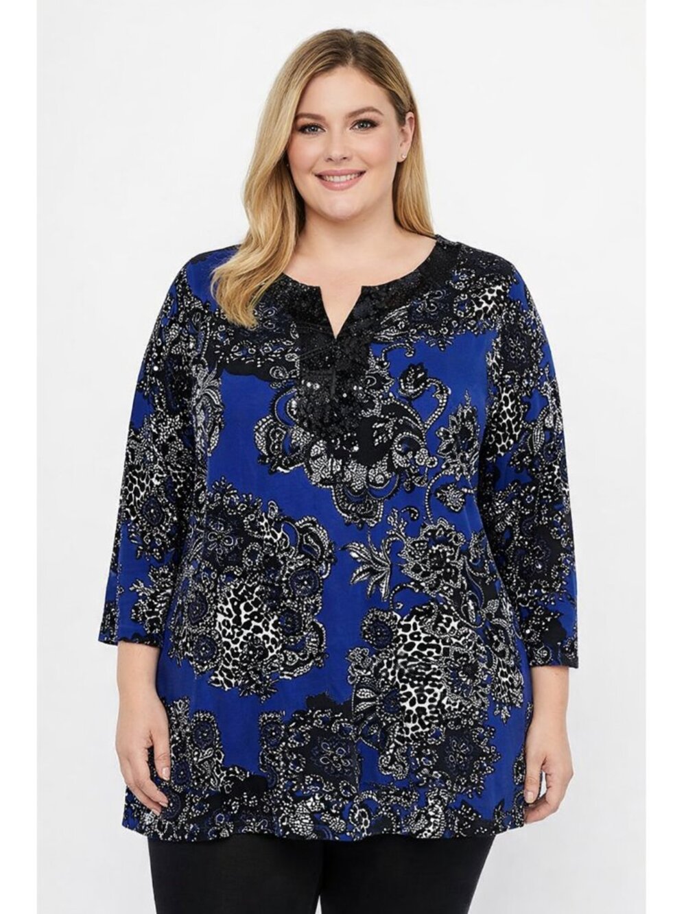 JM Collection Tunic Top Size 2X NWOT Blue Paisley Sequins